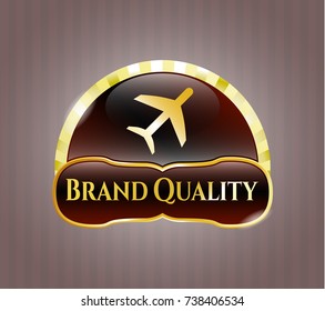  Golden emblem with plane icon and Brand Quality text inside