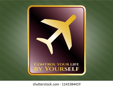  Golden emblem with plane icon and Control your life by Yourself text inside