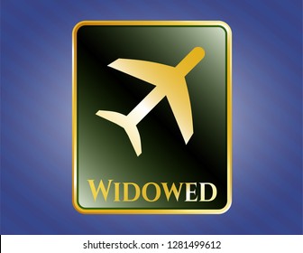  Golden emblem with plane icon and Widowed text inside