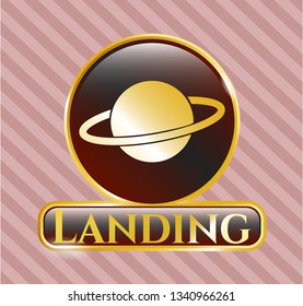  Golden emblem with planet, saturn icon and Landing text inside