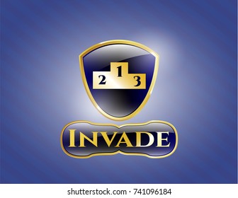  Golden emblem with podium icon and Invade text inside