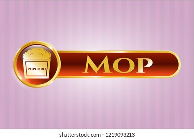  Golden emblem with popcorn icon and Mop text inside
