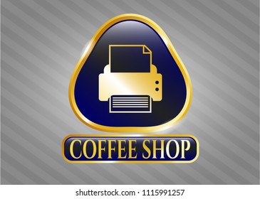  Golden emblem with printer icon and Coffee Shop text inside
