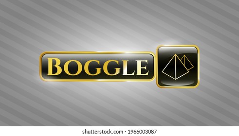 Golden emblem with pyramids icon and Boggle text inside