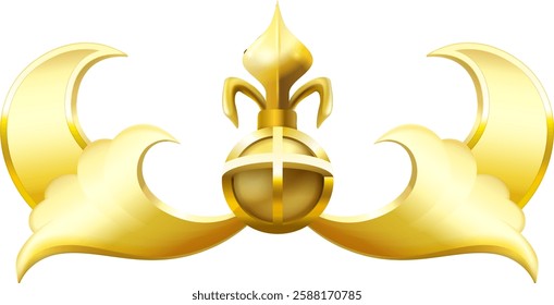 Golden emblem representing crescent moons, stylized clouds, and a decorative sphere with a fleur de lis, creating a luxurious and elegant design