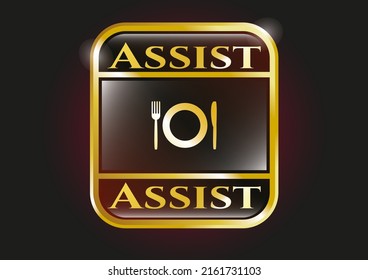 Golden emblem with restaurant icon and Assist text inside