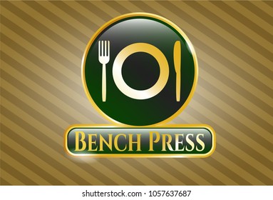  Golden emblem with restaurant icon and Bench Press text inside