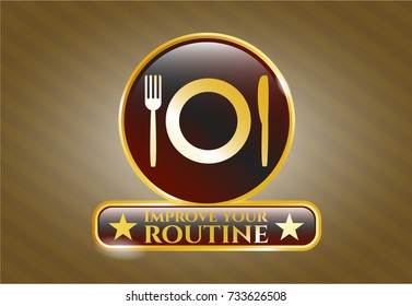 Golden emblem with restaurant icon and Improve your routine text inside