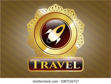   Golden emblem with rocket icon and Travel text inside