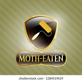  Golden emblem with roller brush icon and Moth-eaten text inside