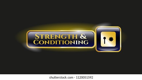  Golden emblem with safe, safety deposit box icon and Strength and Conditioning text inside