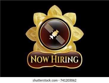  Golden emblem with satelite icon and Now Hiring text inside