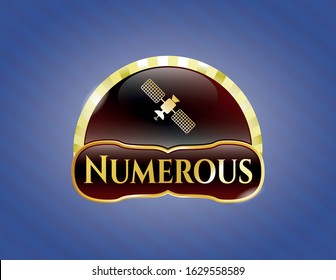  Golden emblem with satelite icon and Numerous text inside