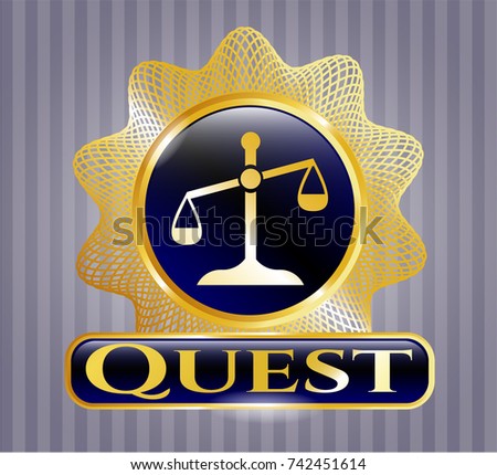  Golden emblem with scale icon and Quest text inside
