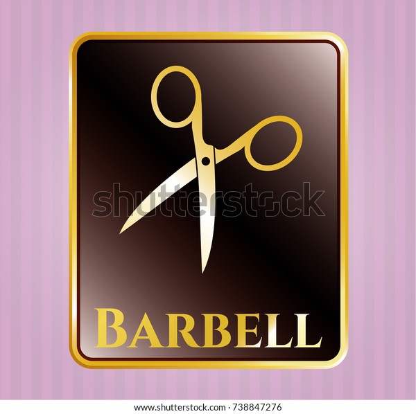 
Golden emblem with scissors icon and Barbell text
inside