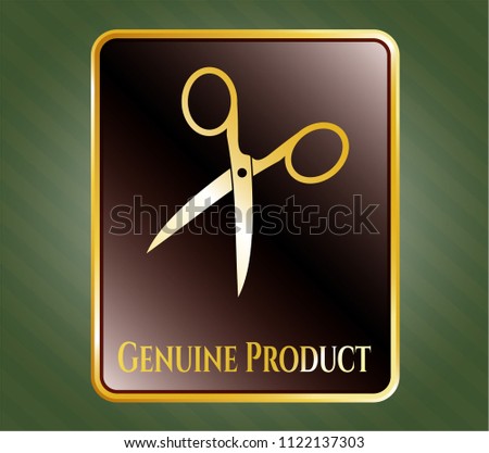  Golden emblem with scissors icon and Genuine Product text inside