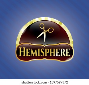  Golden emblem with scissors icon and Hemisphere text inside