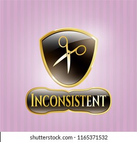  Golden emblem with scissors icon and Inconsistent text inside