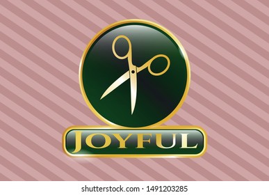  Golden emblem with scissors icon and Joyful text inside
