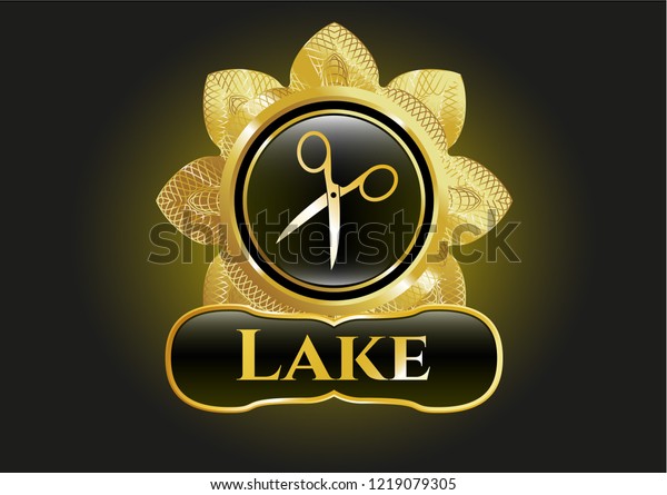\
Golden emblem with scissors icon and Lake text\
inside