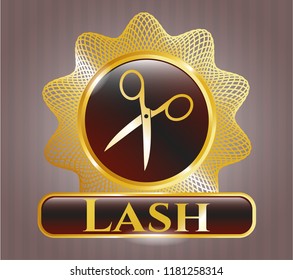  Golden emblem with scissors icon and Lash text inside