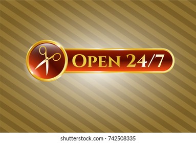  Golden emblem with scissors icon and Open 24/7 text inside