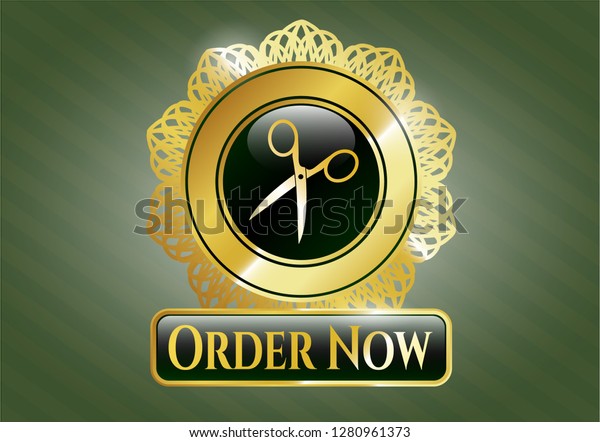 Golden emblem with scissors icon and Order Now\
text inside