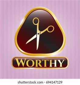  Golden emblem with Scissors icon and Worthy text inside