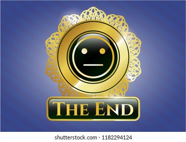  Golden emblem with serious face icon and The End text inside