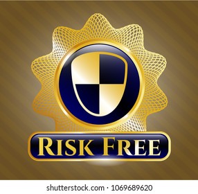   Golden emblem with shield, safety icon and Risk Free text inside