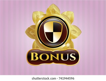  Golden emblem with shield, safety icon and Bonus text inside