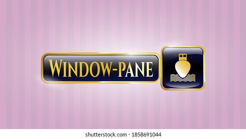 Emblema dorado con icono de barco y texto en el panel de ventanas dentro