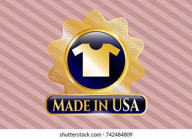  Golden emblem with shirt icon and Made in USA text inside