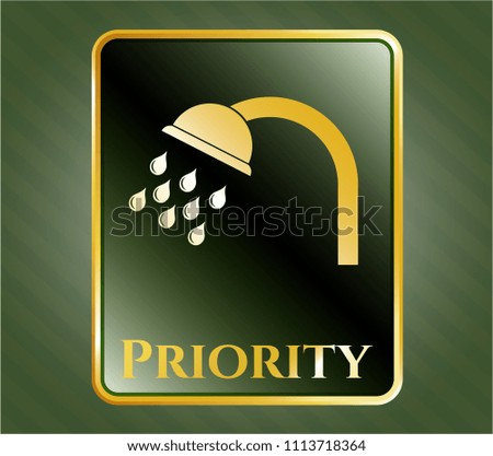   Golden emblem with shower icon and Priority text inside