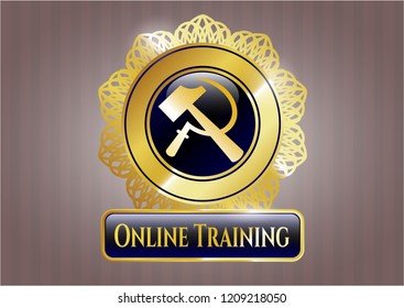  Golden emblem with sickle and hammer icon and Online Training text inside