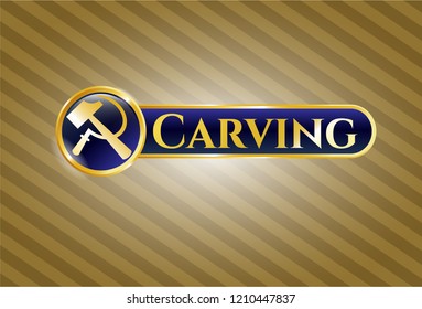  Golden emblem with sickle and hammer icon and Carving text inside