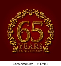 Golden emblem of sixty fifth years anniversary. Celebration patterned logotype with shadow on red.