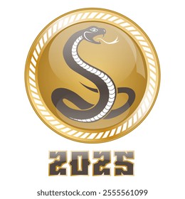 Golden emblem with a snake silhouette, symbol of 2025. Isolated on a transparent background. Vector graphics.