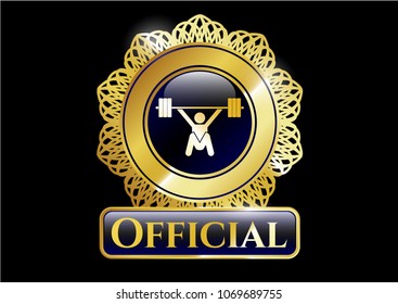  Golden emblem with snatch, weightlifting icon and Official text inside