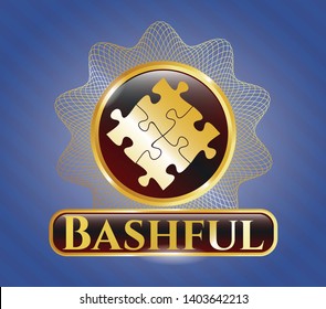  Golden emblem with solution icon and Bashful text inside