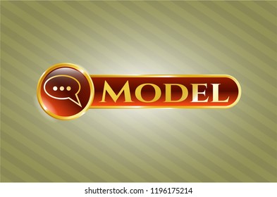  Golden emblem with speech bubble icon and Model text inside