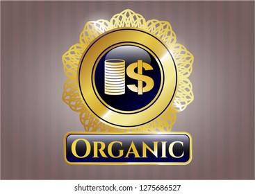  Golden emblem with stack of coins icon and Organic text inside