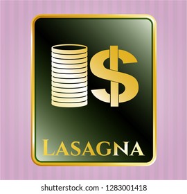  Golden emblem with stack of coins icon and Lasagna text inside