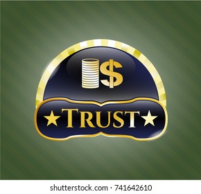  Golden emblem with stack of coins icon and Trust text inside