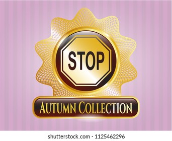 Golden emblem with stop icon and Autumn Collection text inside