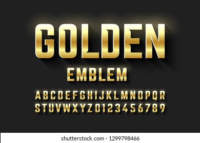 Golden emblem style font, metallic alphabet letters and numbers vector illustration