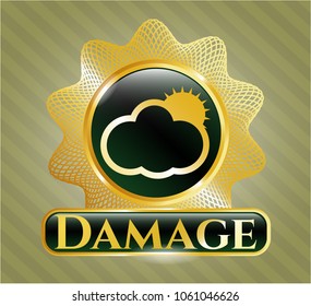  Golden emblem with sun behind cloud icon and Damage text inside