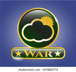   Golden emblem with sun behind cloud icon and War text inside