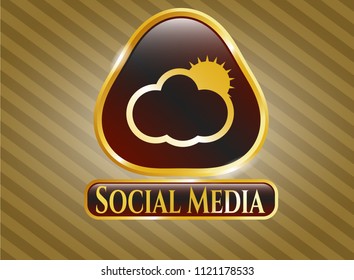  Golden emblem with sun behind cloud icon and Social Media text inside
