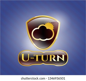  Golden emblem with sun behind cloud icon and U-turn text inside
